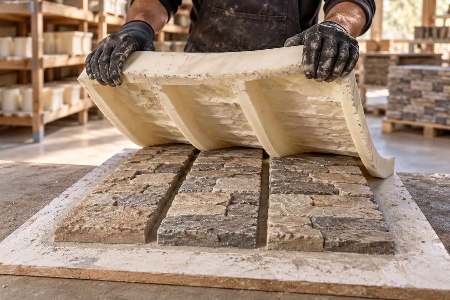 Worker lifting a flexible polyurethane mold off freshly cast manufactured stone veneer in a small production shop