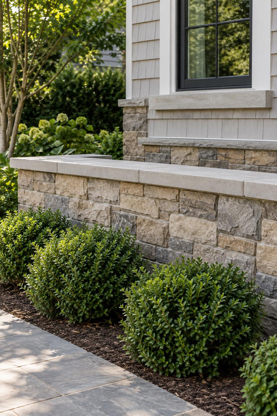 Cast concrete capstones on a garden wall