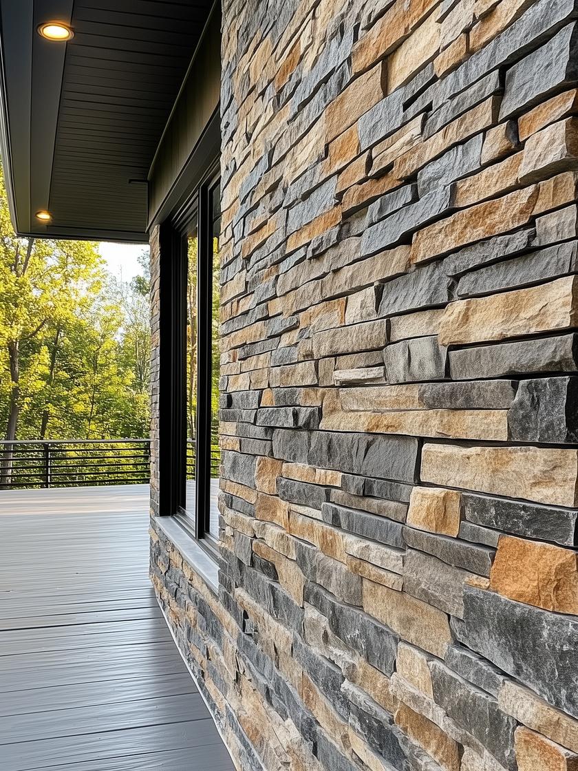 House wall clad in cast ledgestone veneer