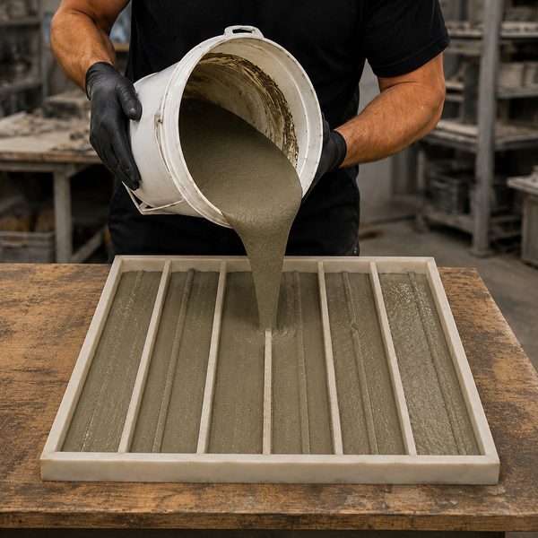 Pouring colored concrete mix into a stone mold