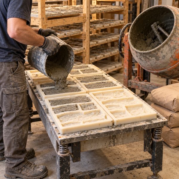 Worker pouring concrete into stone molds on a vibrating table next to a mixer in a small production shop