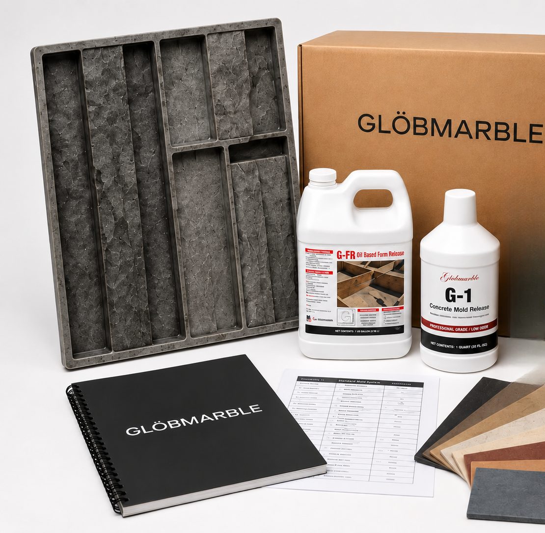 GlobMarble stone production starter kit: veneer stone mold, G-FR and G-1 mold release, production binder, mix sheet and color samples
