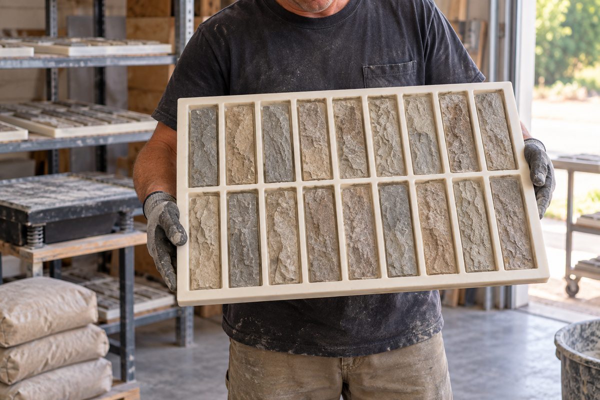Small business owner in a garage workshop with racks of stone molds