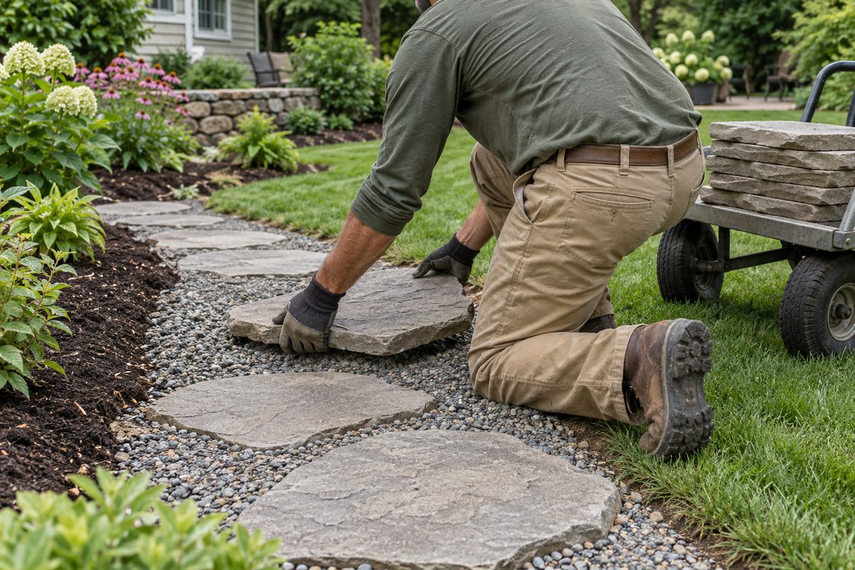 Landscaper laying cast concrete stepping stones in a garden