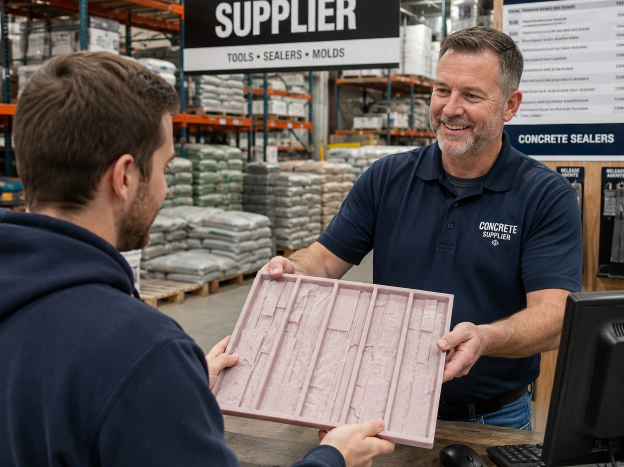 Concrete supply store owner handing a GlobMarble stone mold to a customer